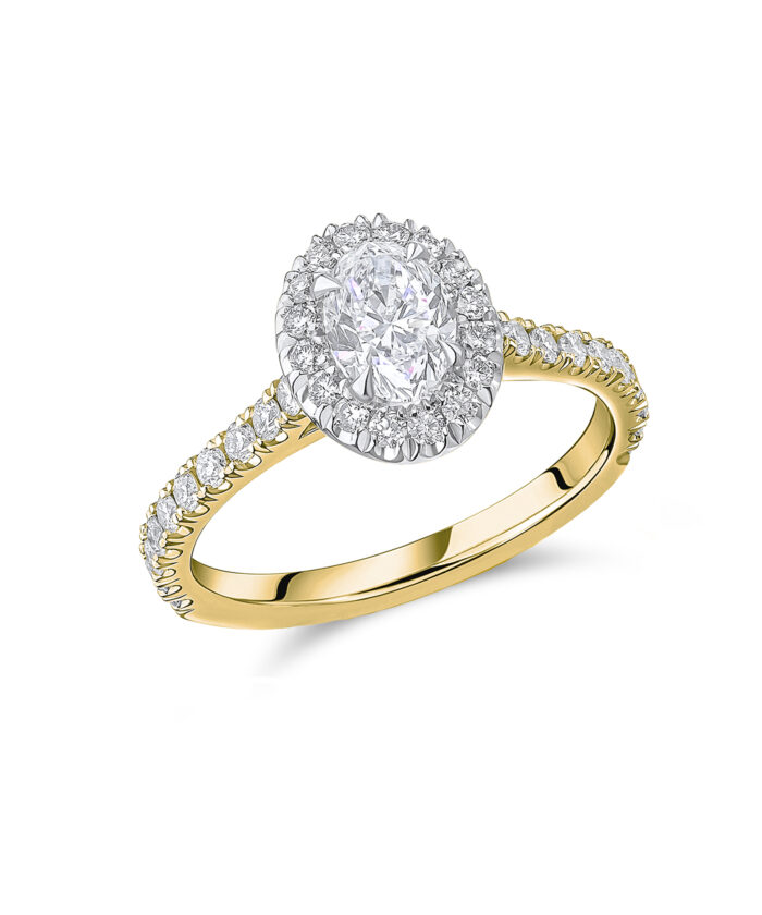 0.70ct Oval Cut Diamond Oyster Yellow Gold Halo Engagement Ring