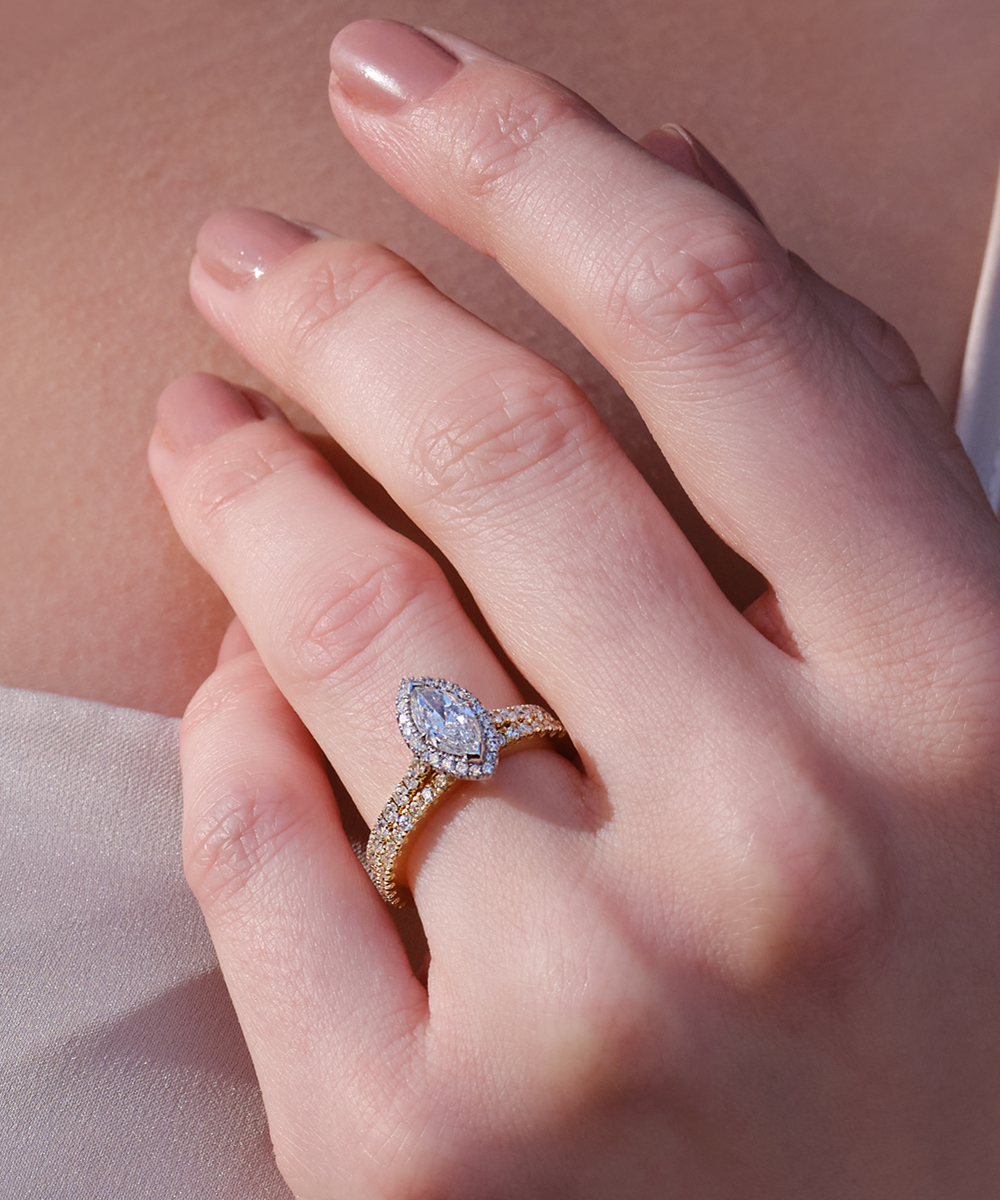 18ct Yellow Gold Marquise Cut Diamond Halo Engagement Ring - Phillip Stoner The Jeweller
