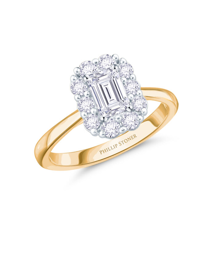0.40ct Emerald Cut Diamond Cluster Engagement Ring, Yellow Gold - Phillip Stoner The Jeweller