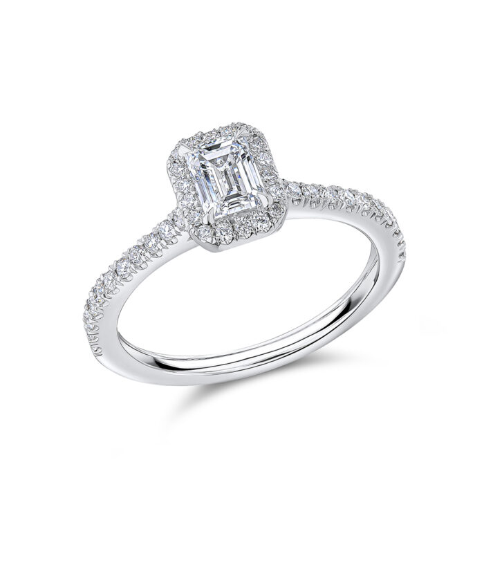 0.70ct Emerald Cut Diamond Oyster Halo Platinum Engagement Ring
