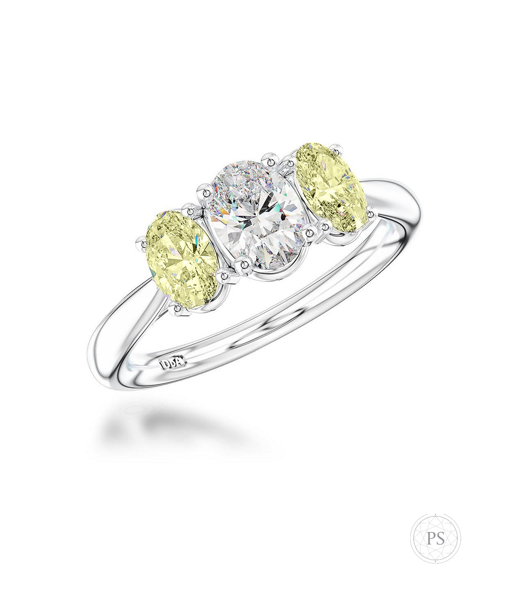 0.70ct Oval Cut Yellow Diamond Trilogy Ring