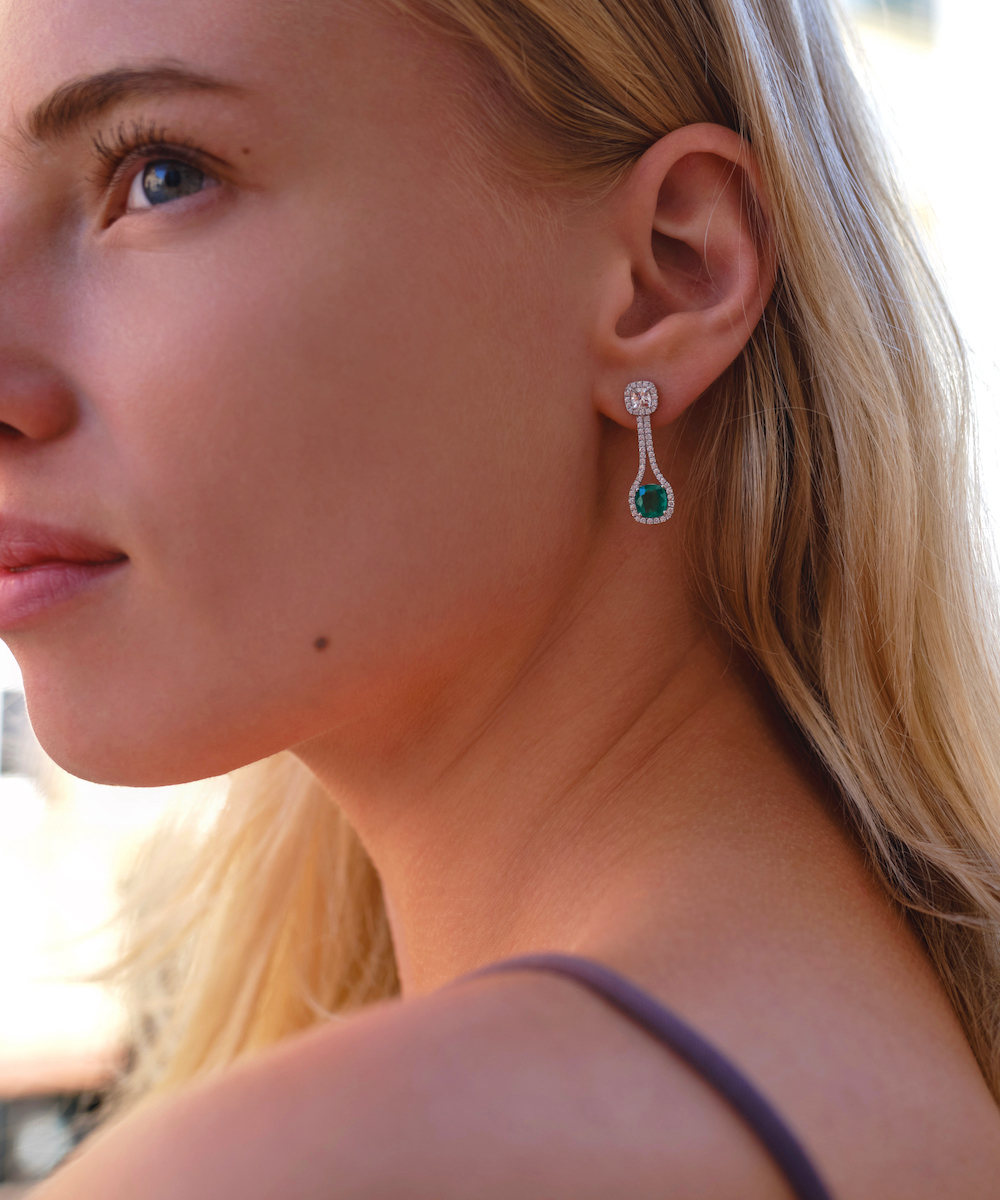 18ct White Gold Emerald & Diamond Cocktail Earrings - Phillip Stoner The Jeweller