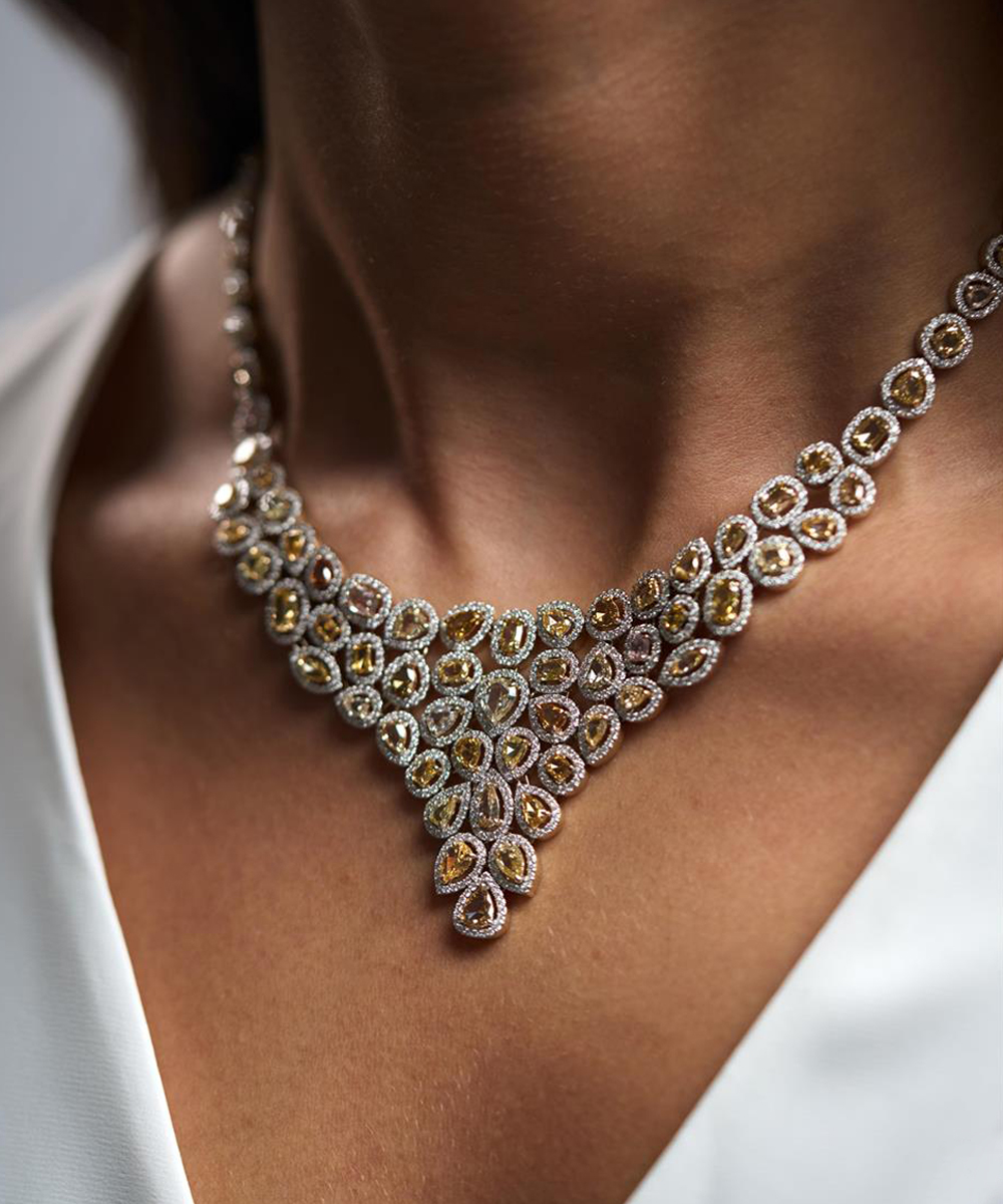 Yellow Diamond Collar Necklace - Modelled