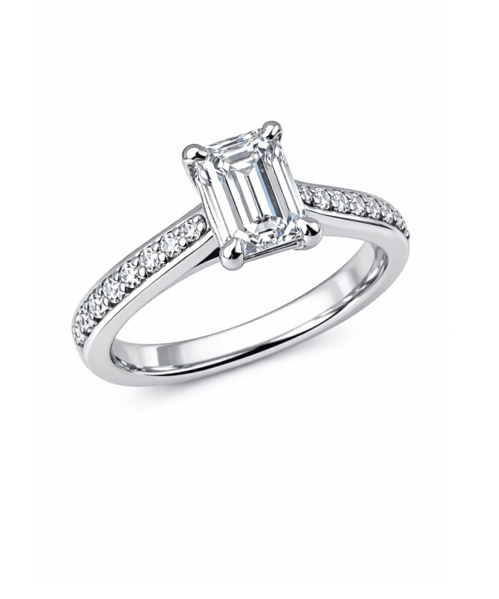 Emerald Cut Diamond Solitaire Engagement Ring with Pavé Set Diamond Shoulders