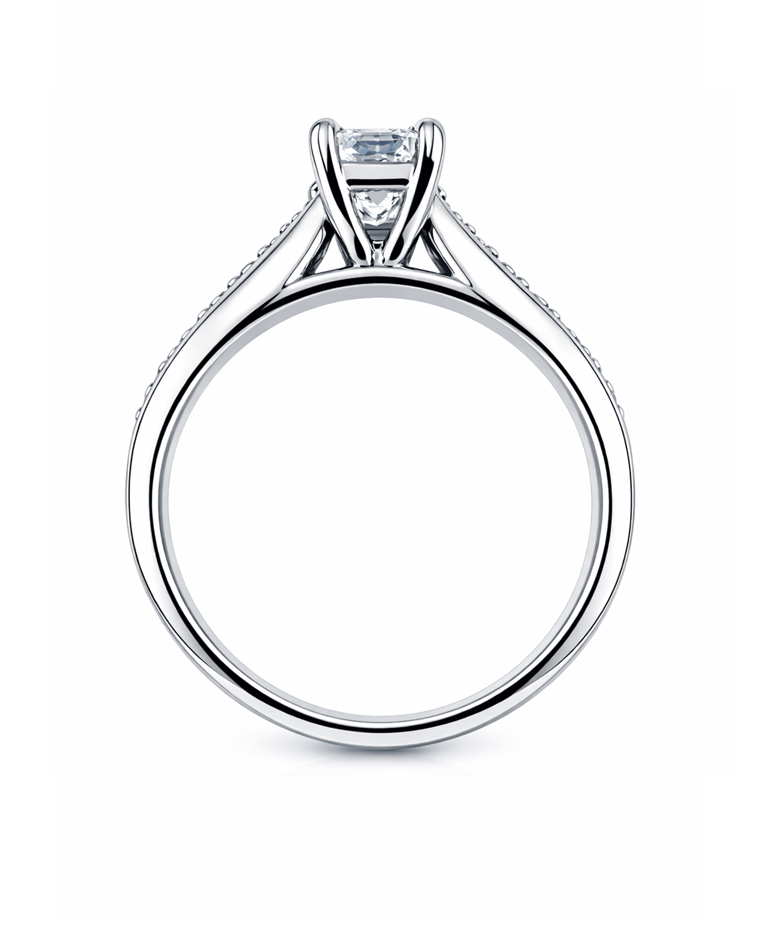 Emerald Cut Diamond Solitaire Engagement Ring with Pavé Set Diamond Shoulders - Side