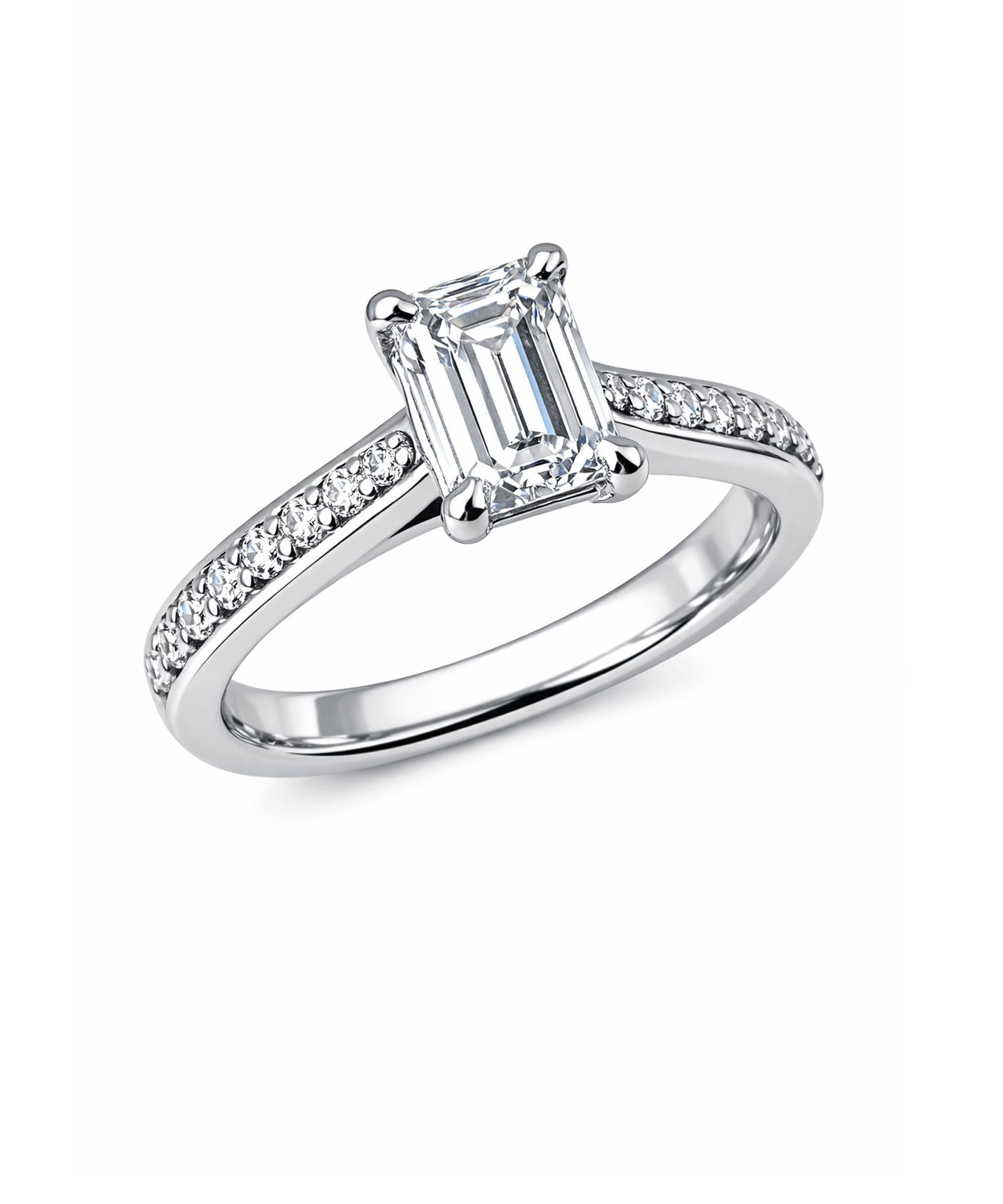 Emerald Cut Diamond Solitaire Engagement Ring with Pavé Set Diamond Shoulders