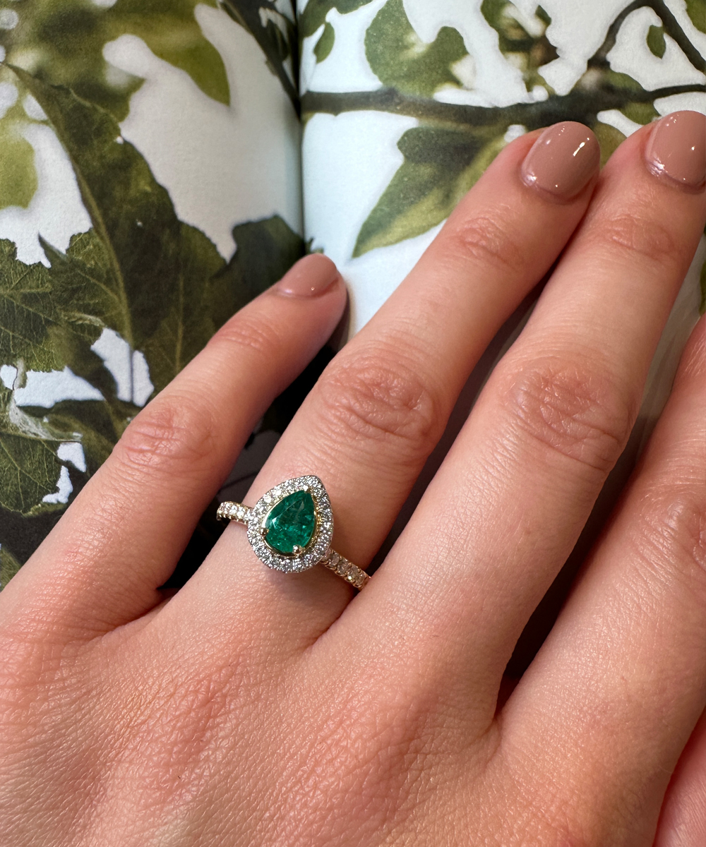 18ct Gold Pear Cut Emerald & Diamond Ring - Phillip Stoner The Jeweller