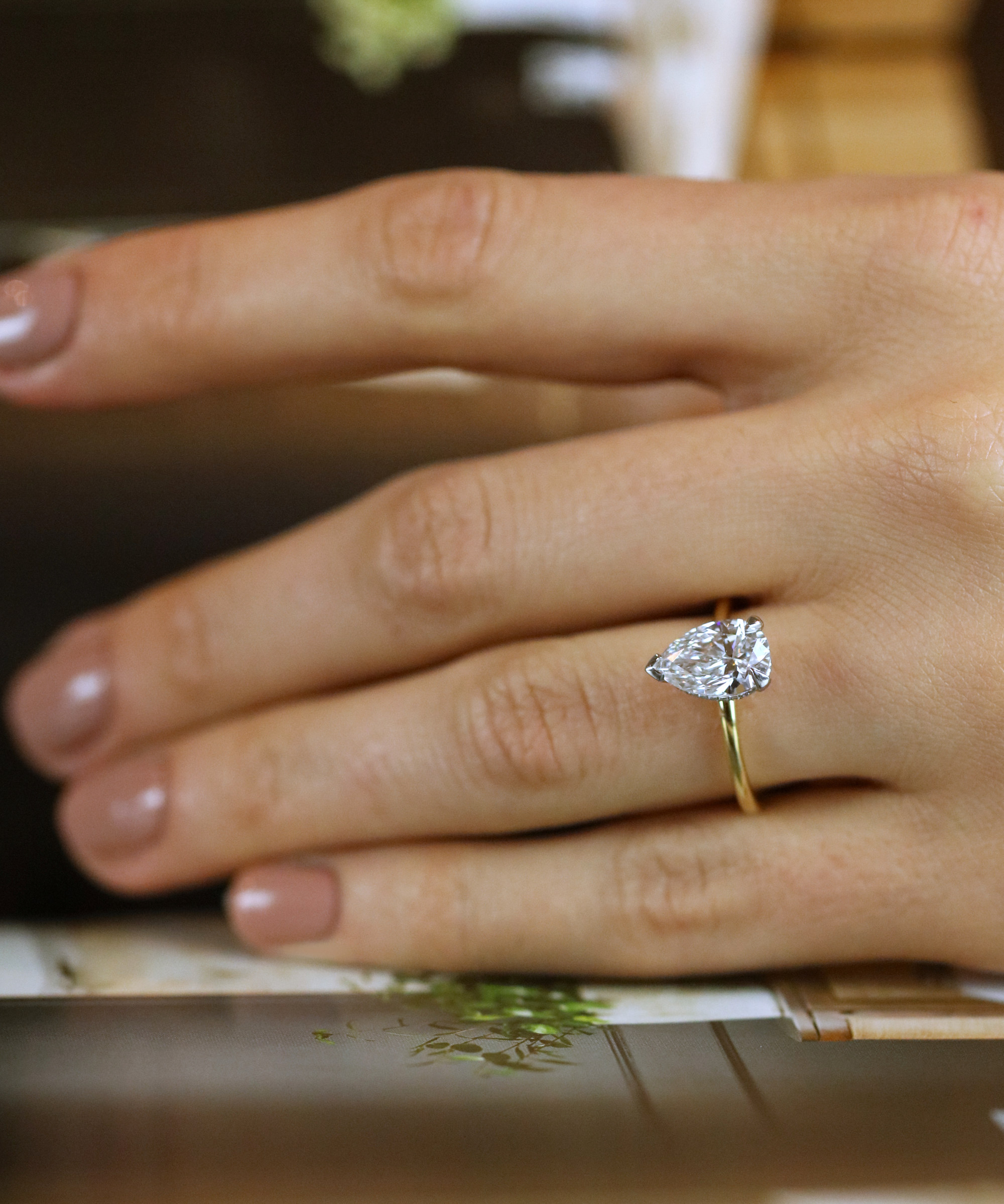 18ct Yellow Gold 2ct Pear Cut Lab Grown Diamond Crown Ring - Phillip Stoner The Jeweller - Modelled