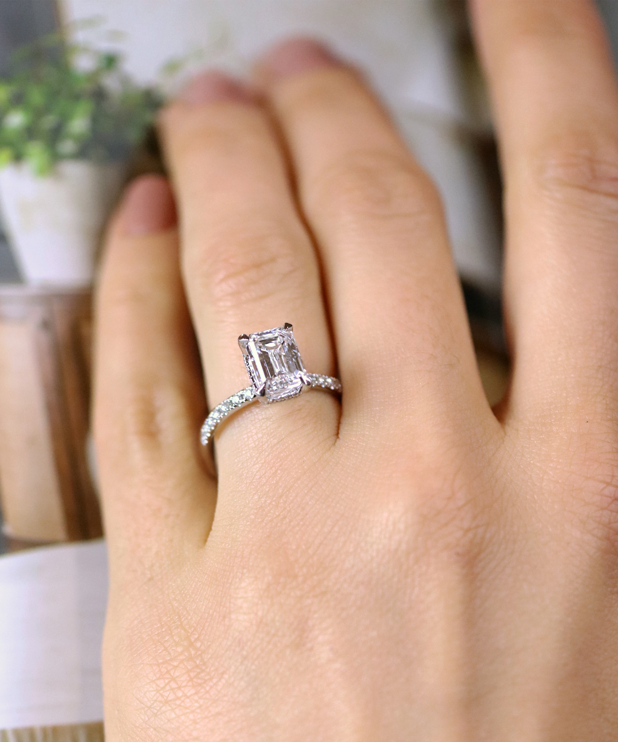 Platinum 2ct Emerald Cut Lab Grown Diamond Set Engagement Ring - Modelled