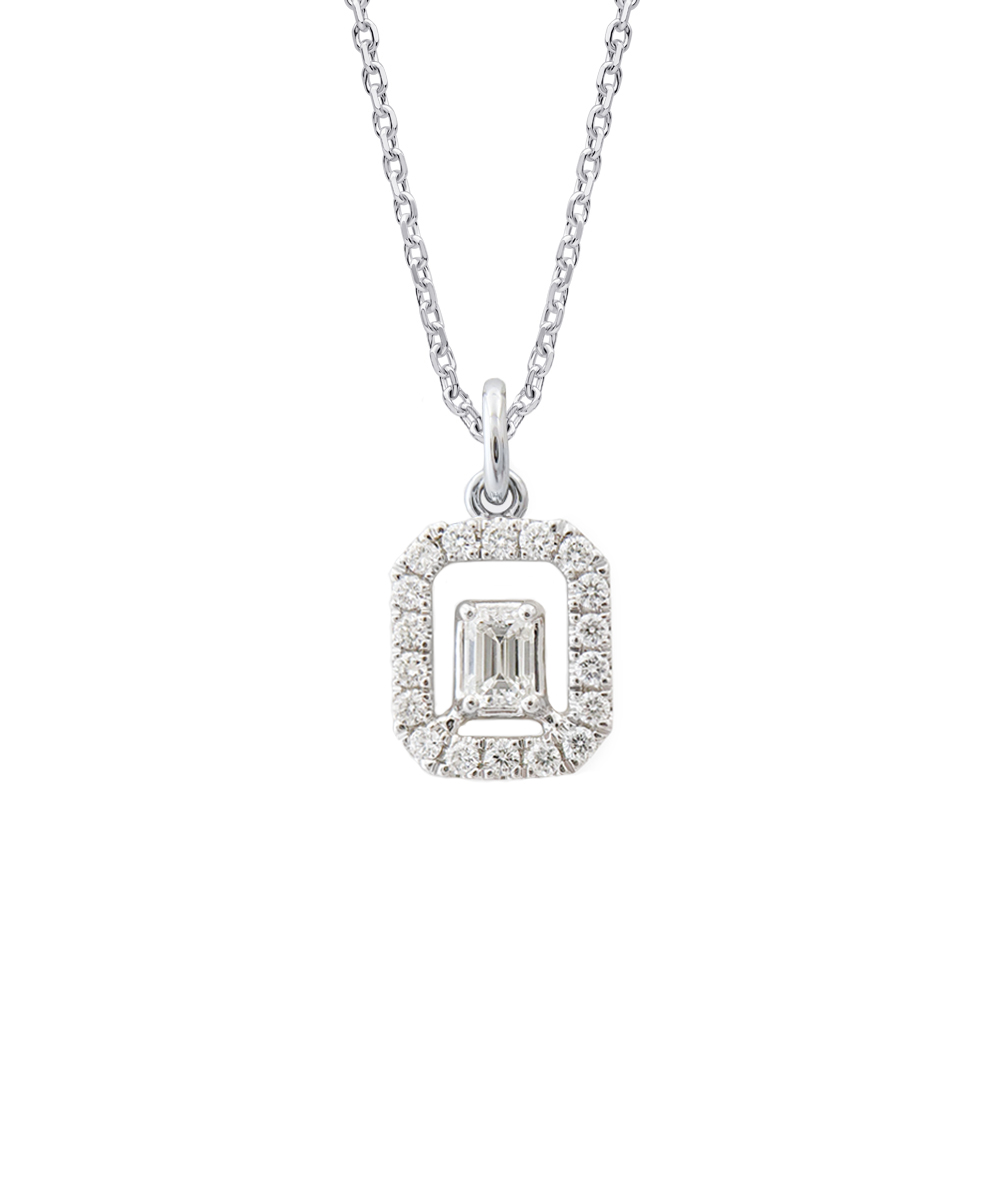 Emerald Cut Diamond Petite Halo Pendant - Platinum