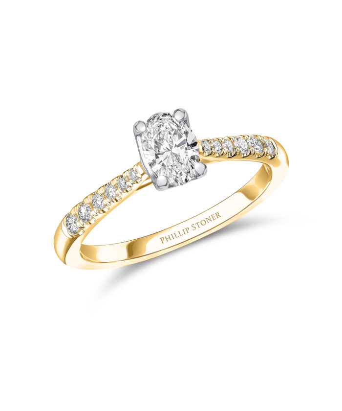 0.50ct Oval Cut Diamond with Slim Scallop Set Shoulders in 18ct Yellow Gold