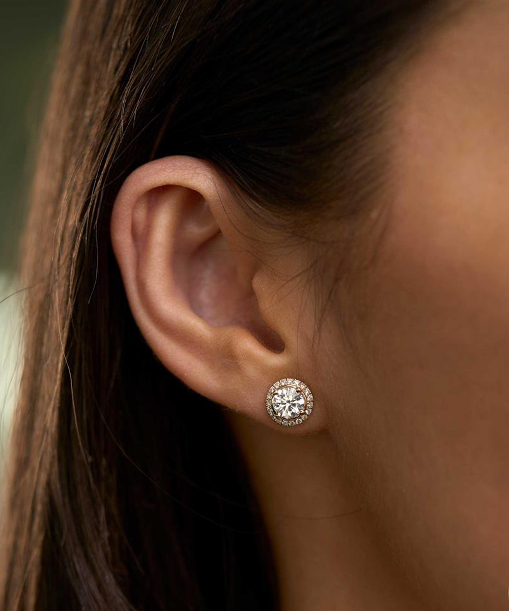 18ct Yellow Gold Round Diamond Halo Stud Earrings, Modelled