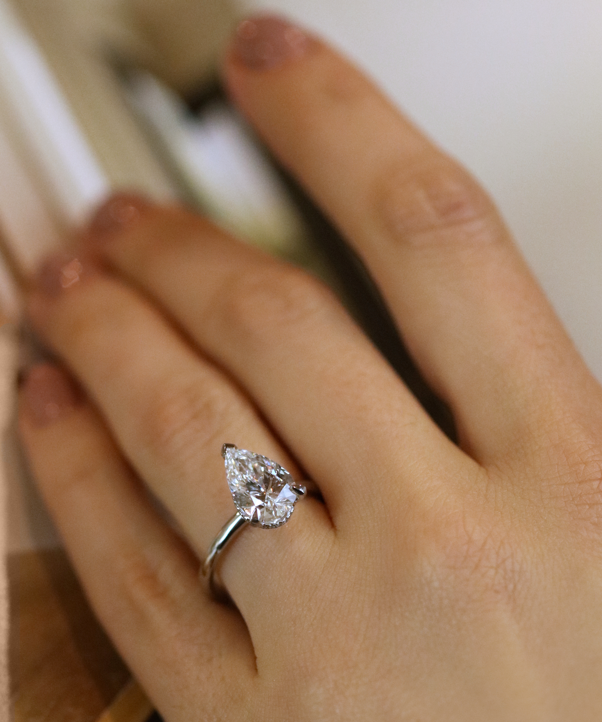 2.5ct Pear Cut Lab Grown Diamond Platinum Engagement Ring - Modelled