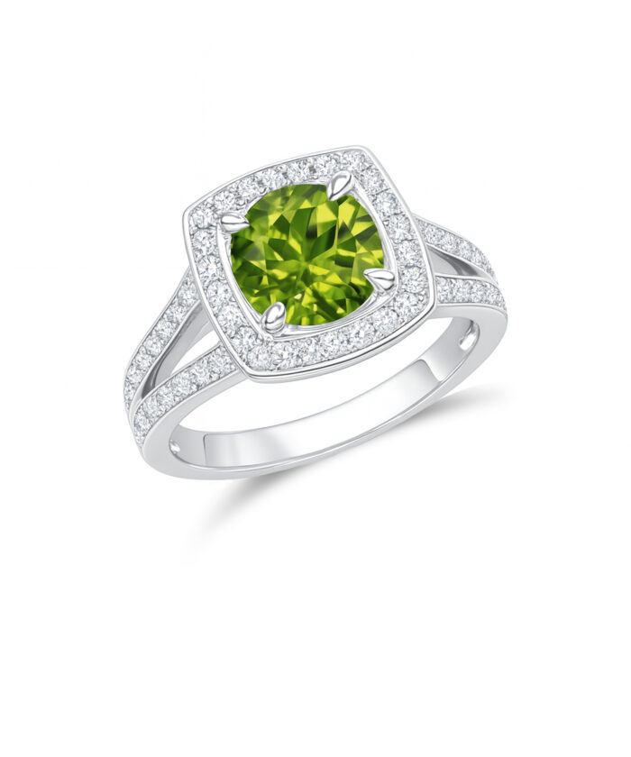 Peridot & DIamond Cocktail Ring with Halo & Split Shank