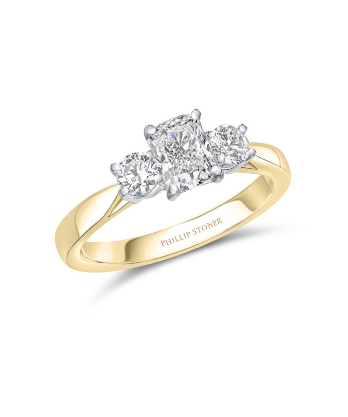 0.70ct Elongated Cushion & Round Cut Three Stone Yellow Gold Diamond Engagement Ring