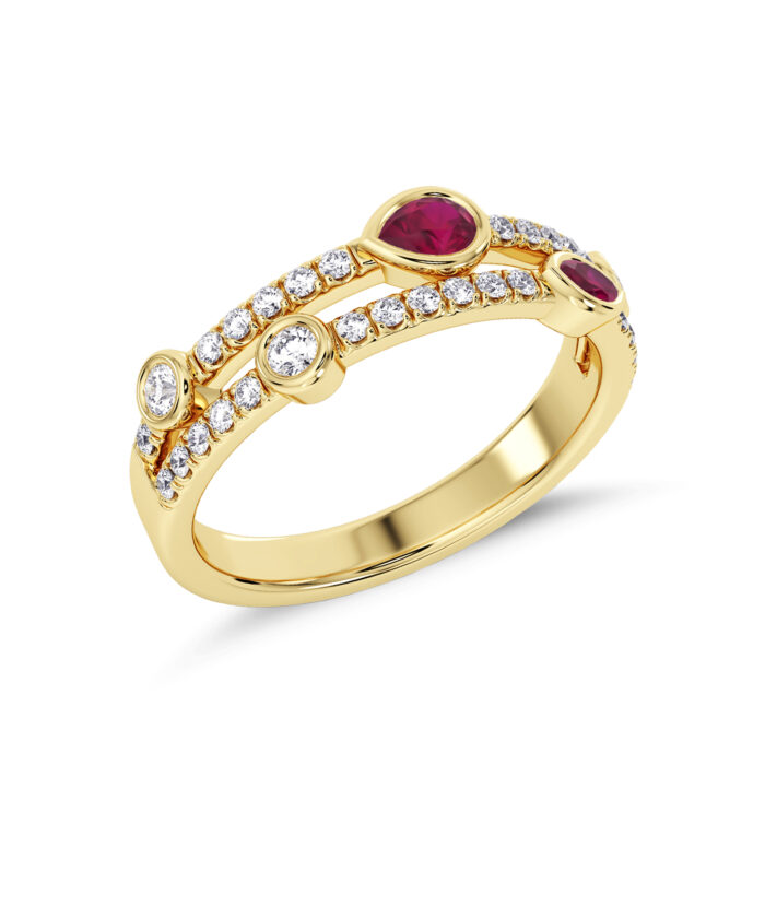 18ct Yellow Gold Ruby & DIamond Encrusted Cascade Cocktail Ring