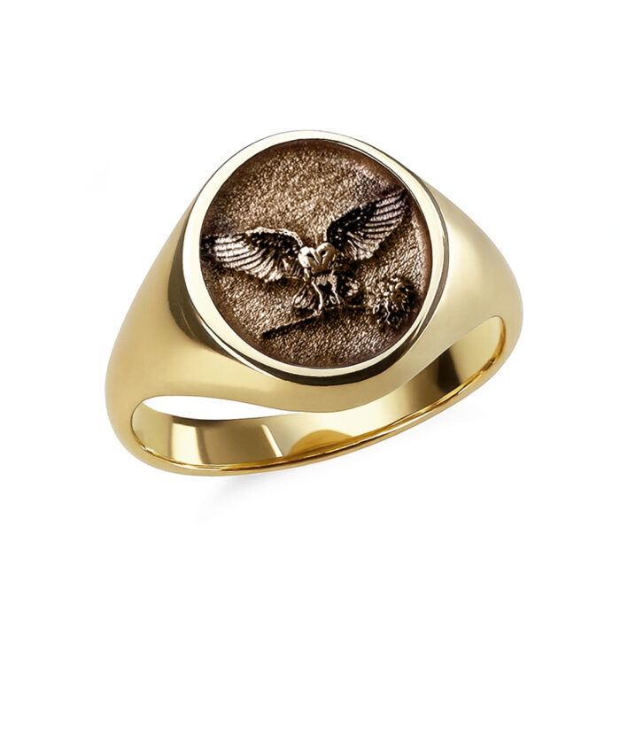 14ct Yellow Gold Oval Signet Ring with Layered Owl Engraving