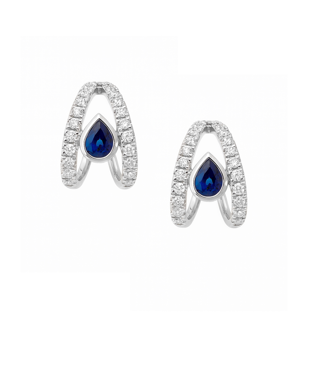 18ct White Gold Pear Cut Sapphire & Diamond Drop Earrings - Front Detail