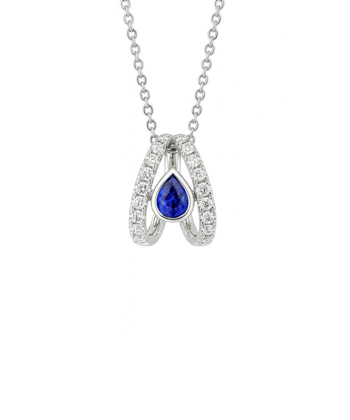 18ct White Gold Pear Cut Sapphire & Scallop-Set Diamond Pendant