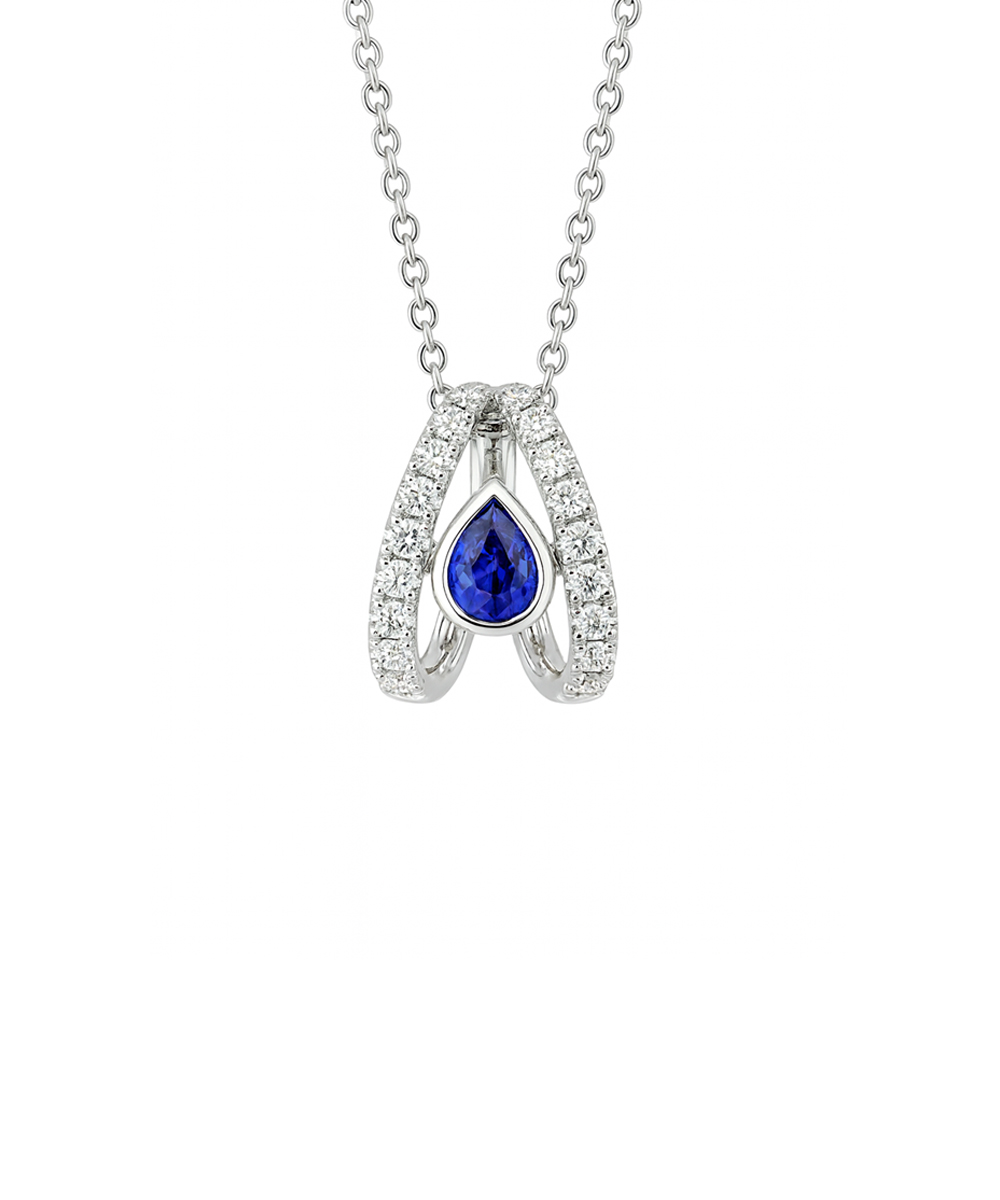 18ct White Gold Pear Cut Sapphire & Scallop-Set Diamond Pendant