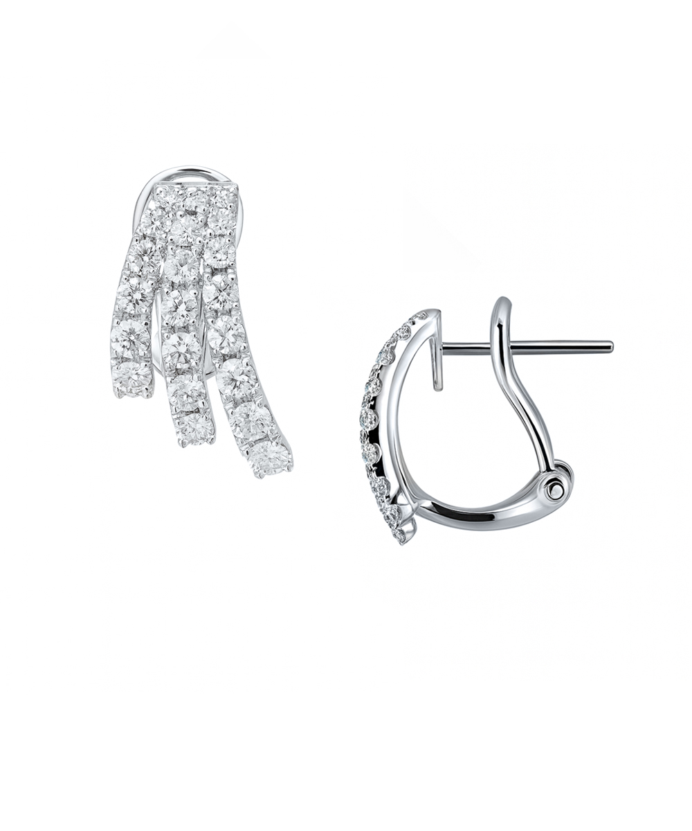 18ct White Gold Three Row Diamond Wave Earrings - Detail