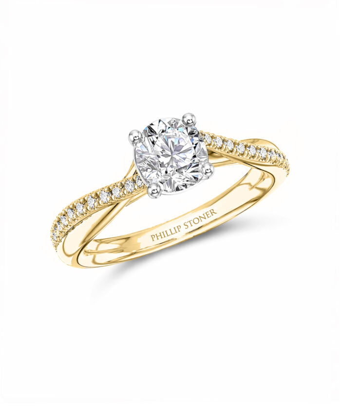 18ct Yellow Gold 0.50ct Round DiamondTwist Engagement Ring with Plaited Diamond Shoulders