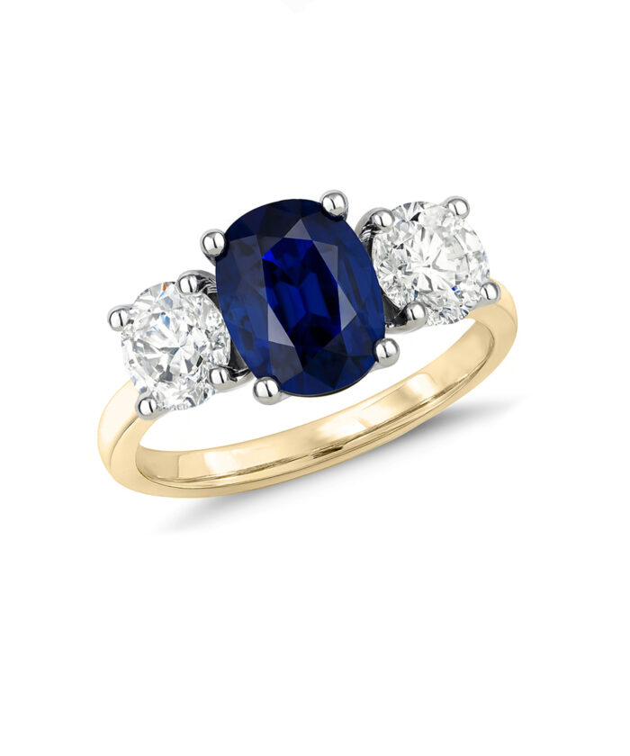 18ct Yellow Gold Trilogy Ring with Lab Grown Oval Sapphire & Round Brilliant Cut Diamonds
