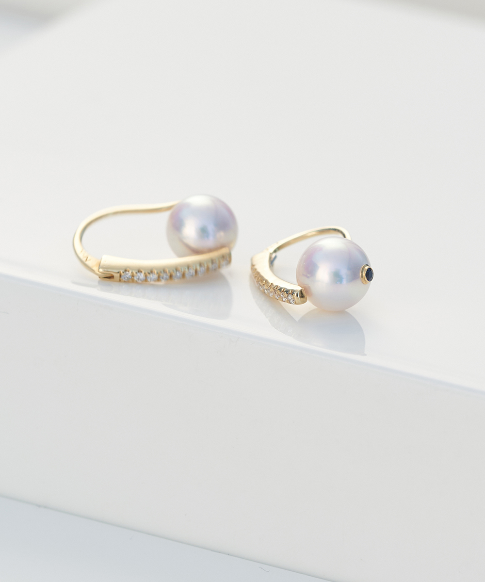 Yana Nesper 18ct Yellow Gold Akoya Pearl & Diamond Drop Earrings, Sapphire Detail