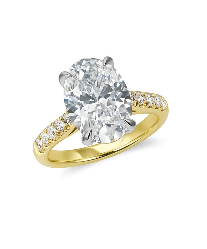 18ct Yellow Gold 2.50ct Oval Cut Lab Grown Diamond Ring with Diamondd Set Shoulders