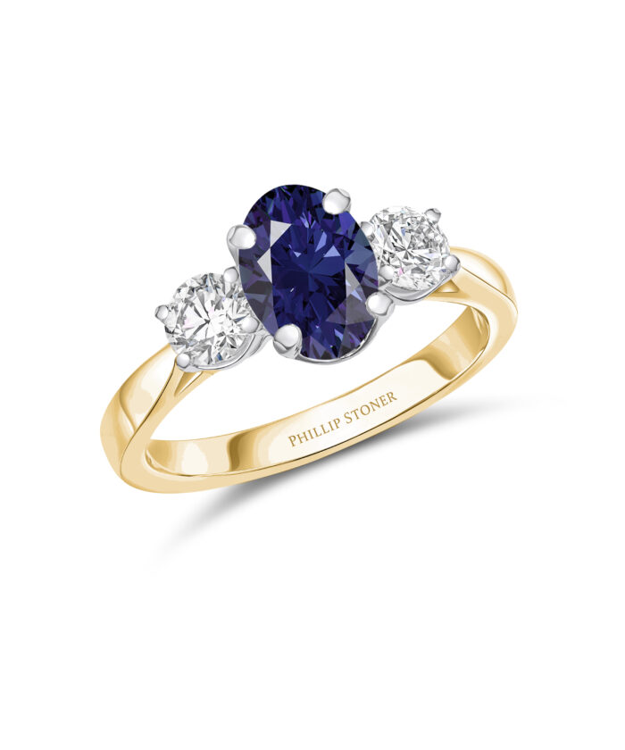 18ct Yellow Gold 2ct Oval Sapphire & Diamond Trilogy Ring - Phillip Stoner The Jeweller