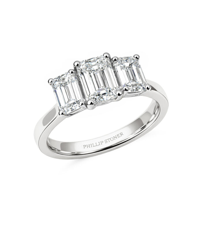 Platinum 0.80ct Emerald Cut Diamond Trilogy Engagement Ring
