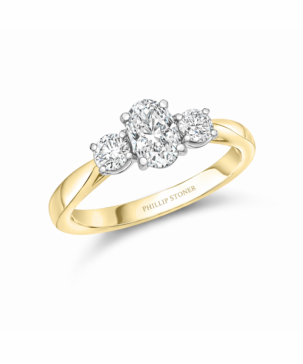 0.55ct Oval & Round Cut Three Stone Yellow Gold Diamond Engagement Ring - Phillip Stoner The Jeweller