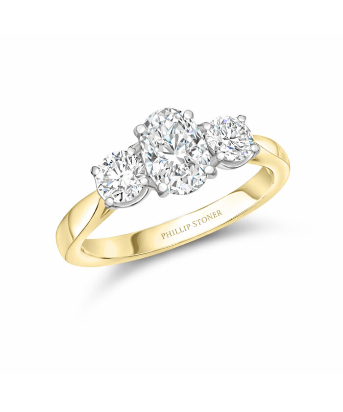 0.70ct Oval & Round Cut Three Stone Yellow Gold Diamond Engagement Ring - Phillip Stoner The Jeweller