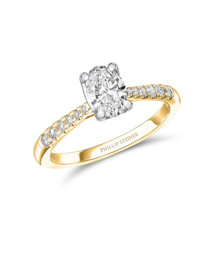 1.00ct Oval Cut Diamond with Slim Scallop Set Shoulders in 18ct Yellow Gold