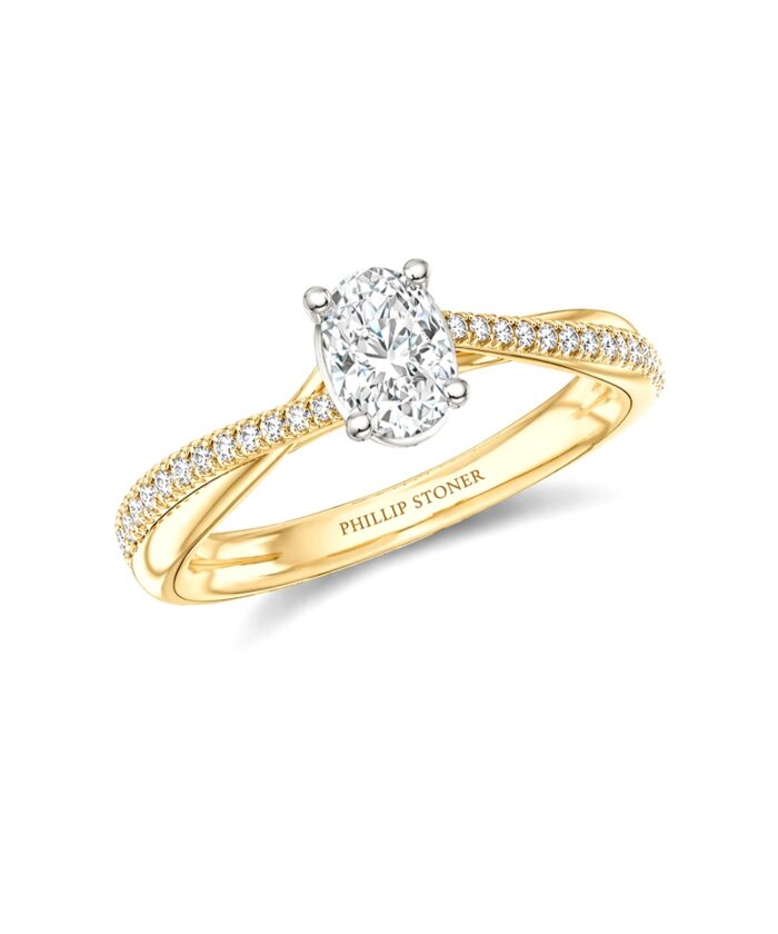 18ct Yellow Gold 0.70ct Oval Diamond Twist Engagement Ring with Plaited Diamond Shoulders
