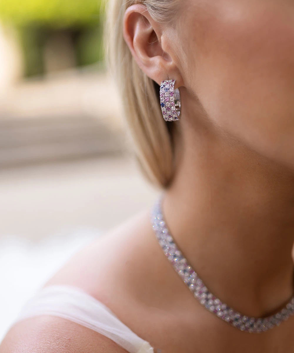 Madagascan Untreated Sapphire & Diamond Hoop Earrings - Modelled