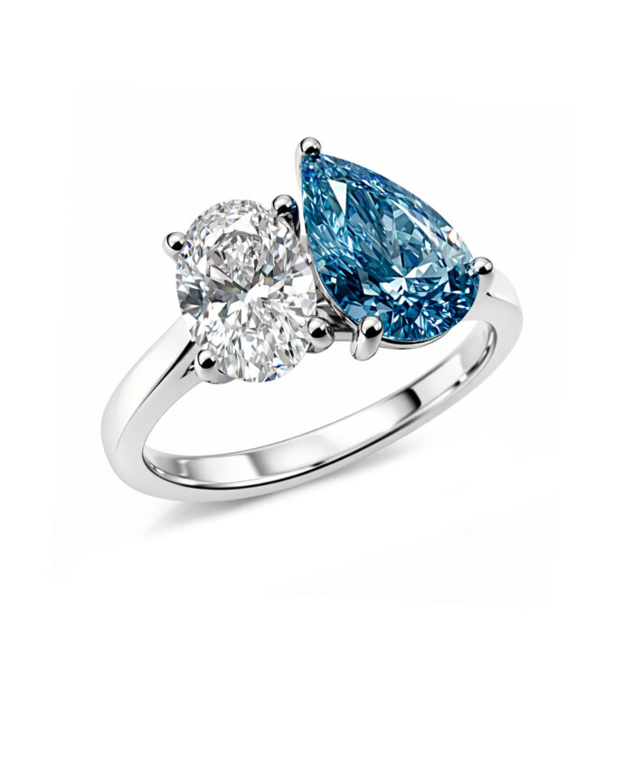 Platinum Lab Grown Fancy Vivid Blue Diamond Toi et Moi Ring