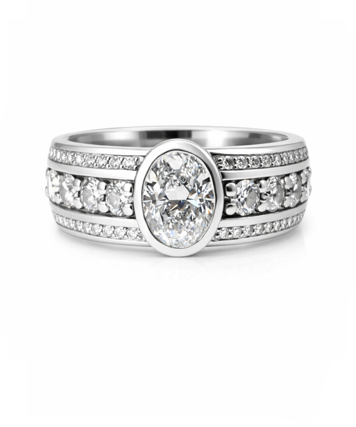Platinum Three Row Chanel Set Diamond Band with 1ct Oval - Detail