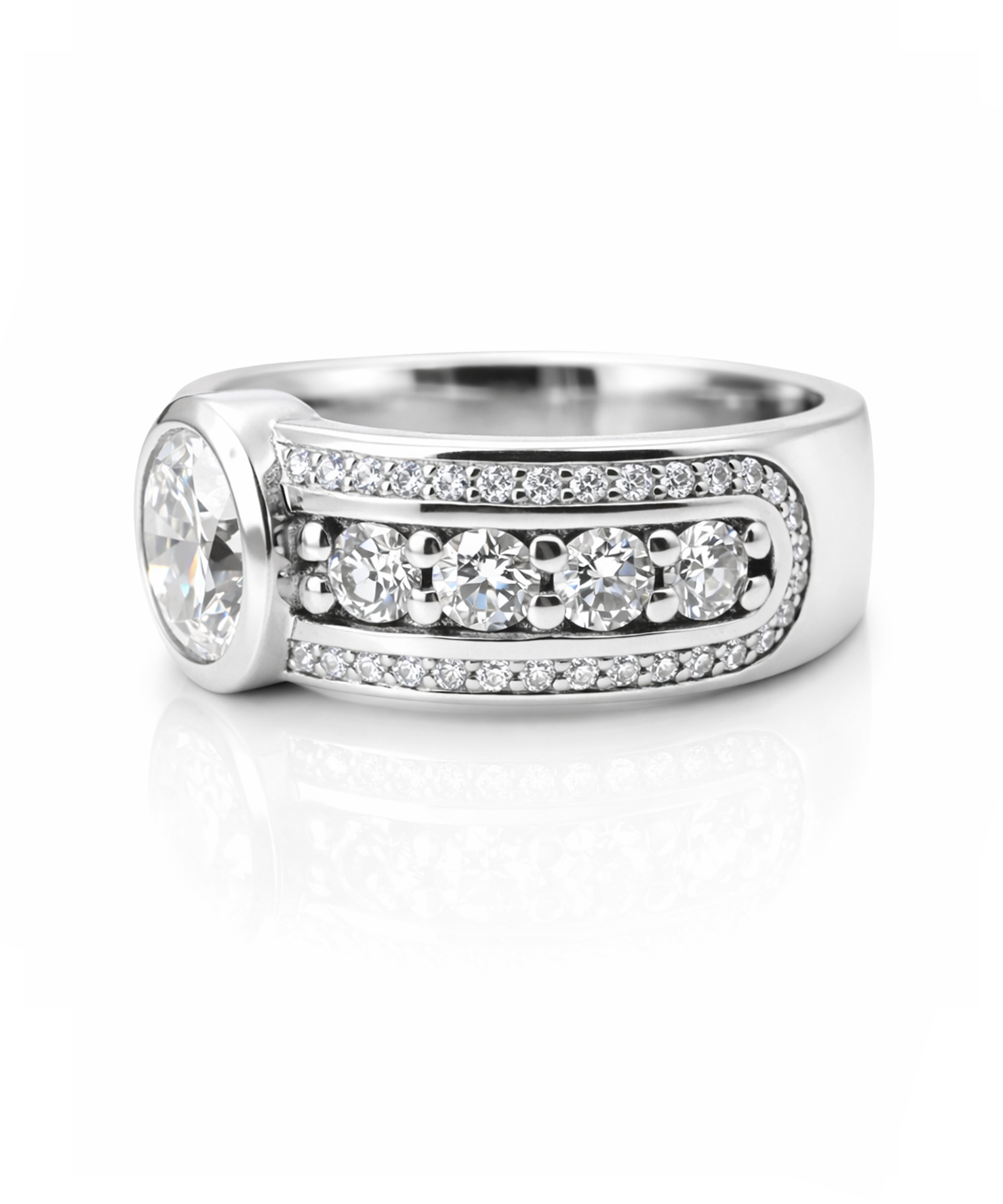 Platinum Three Row Chanel Set Diamond Band with 1ct Oval - Side Detail