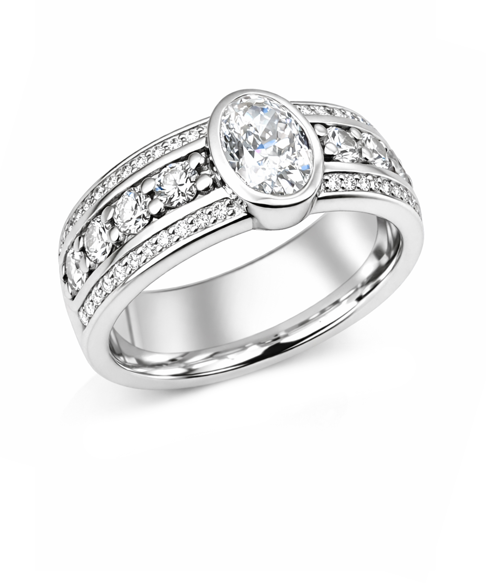 Platinum Three Row Chanel Set Diamond Band with 1ct Oval