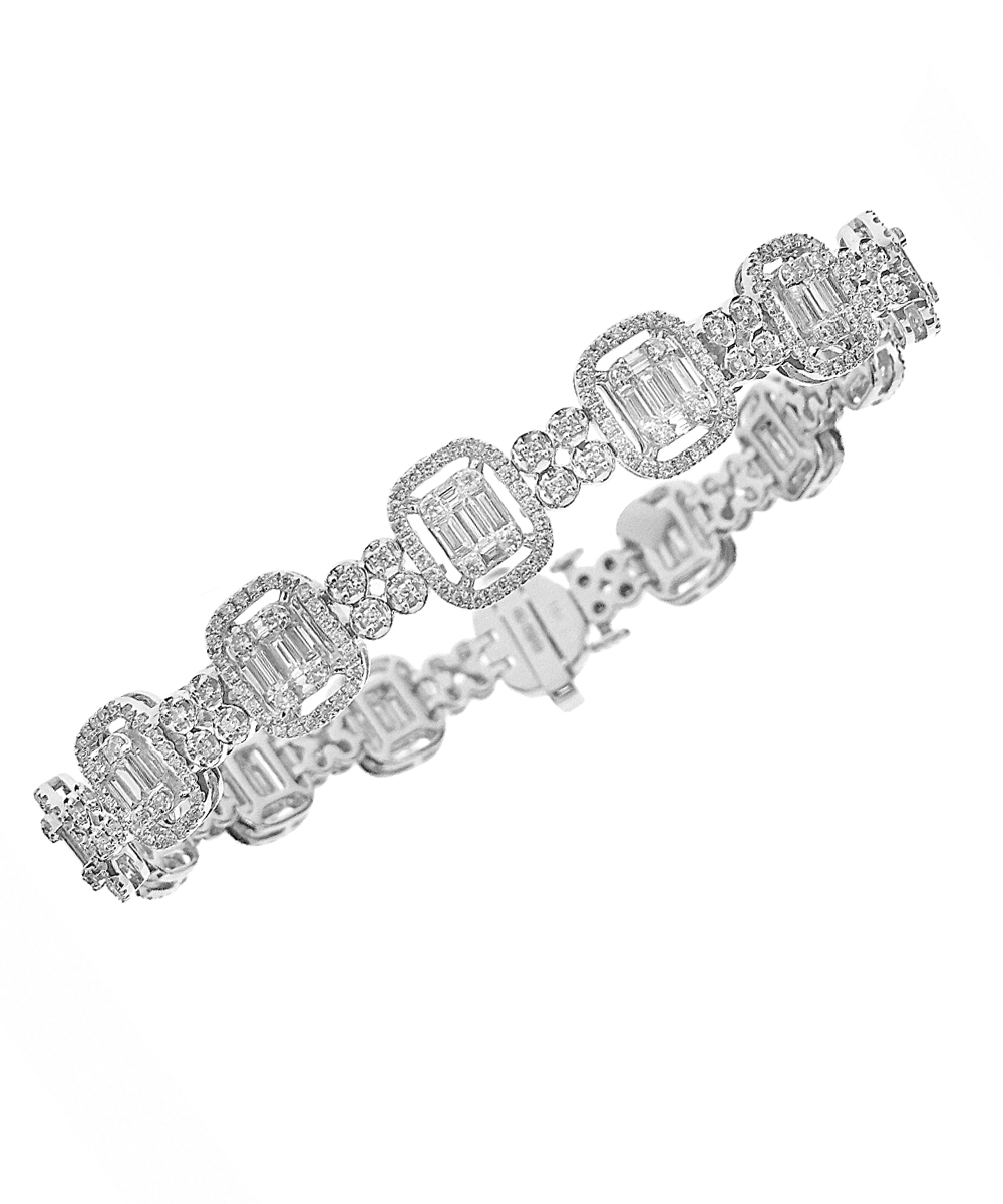 18ct White Gold Illusion Set Baguette & Round Cut Diamond Cluster Bracelet