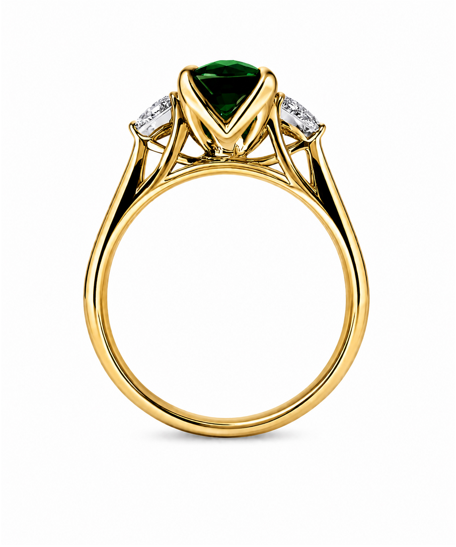 18ct Yellow Gold Lab Grown Emerald & Diamond Trilogy Engagement Ring - Side
