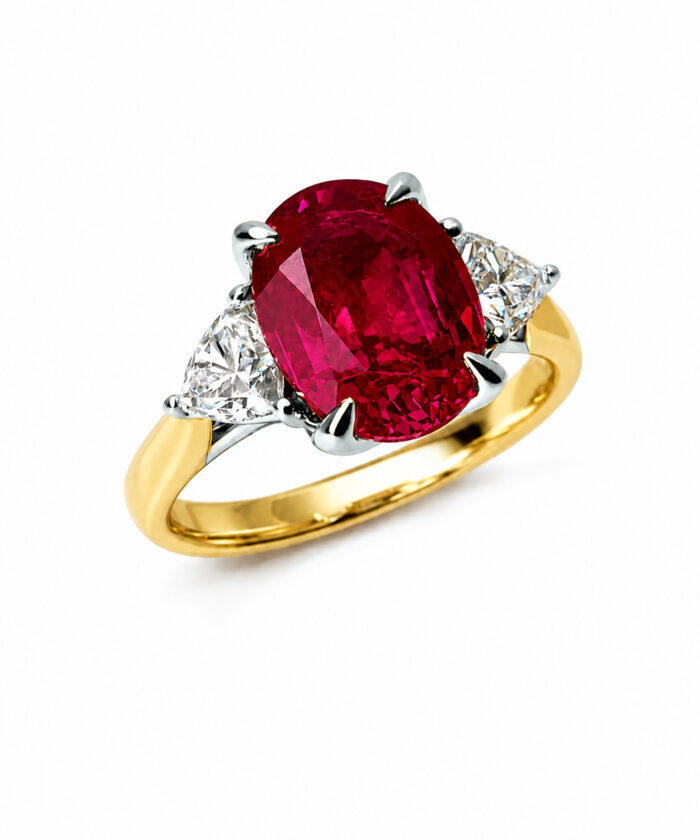 18ct Yellow Gold Lab Grown Ruby & Diamond Trilogy Engagement Ring