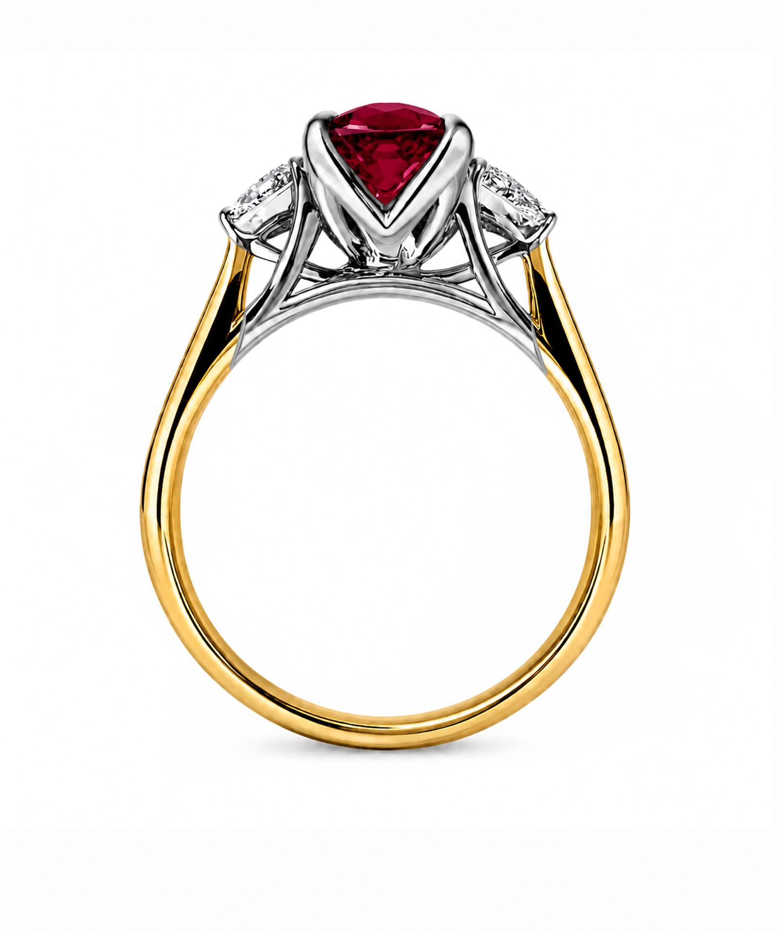 18ct Yellow Gold Lab Grown Ruby & Diamond Trilogy Engagement Ring - Side